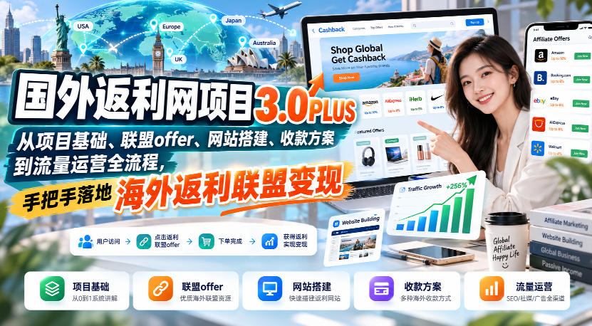 国外返利网项目3.0PLUS，从项目基础、联盟offer、网站搭建、收款方案到流量运营全流程，手把手落地海外返利联盟变现-韬哥副业项目资源网