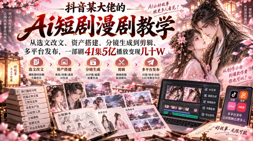 抖音某大佬的Ai短剧漫剧教学,从选文改文、资产搭建、分镜生成到剪辑、多平台发布,一部剧41集5亿播放变现几十W-韬哥副业项目资源网