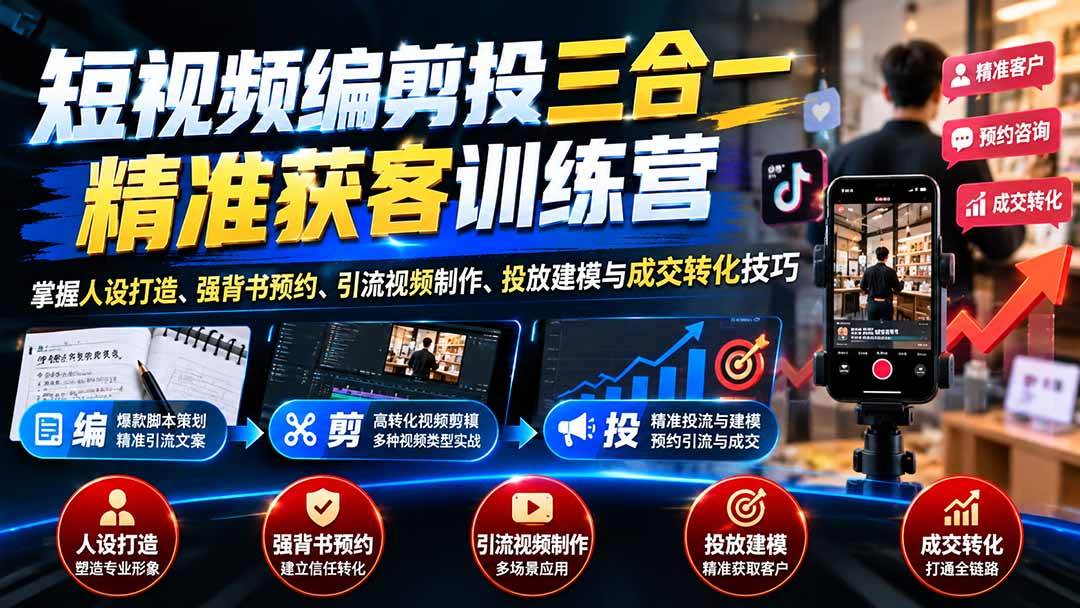 （20910期）短视频编剪投三合一精准获客训练营：掌握人设打造、强背书预约、引流视频制作、投放建模与成交转化技巧-韬哥副业项目资源网