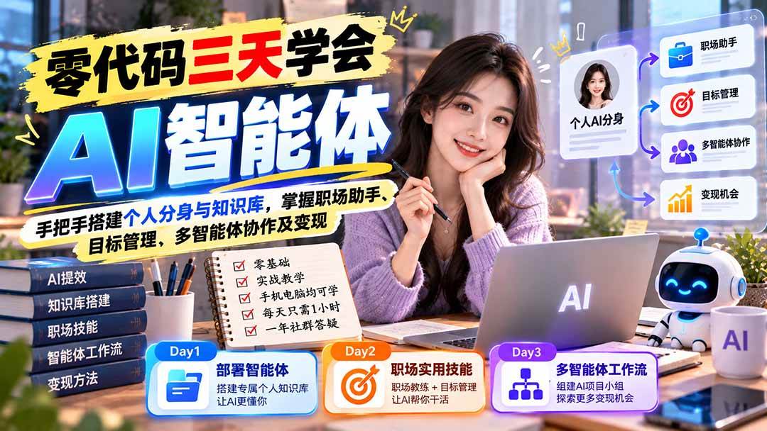 (20978期)【无水印】零代码三天学会AI智能体:手把手搭建个人分身与知识库,掌握职场助手、目标管理、多智能体协作及变现-韬哥副业项目资源网