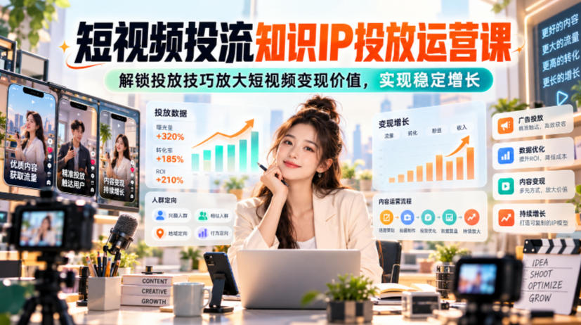短视频投流知识IP投放运营课,解锁投放技巧放大短视频变现价值,实现稳定增长-韬哥副业项目资源网