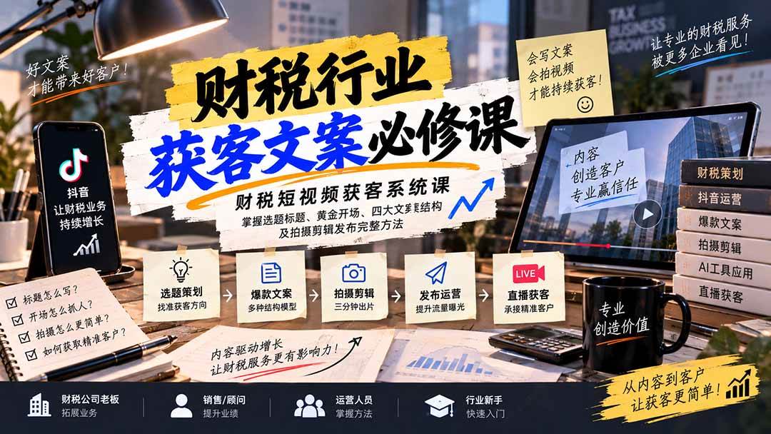 (20591期)财税短视频获客系统课:掌握选题标题、黄金开场、四大文案结构及拍摄剪辑发布完整方法-韬哥副业项目资源网