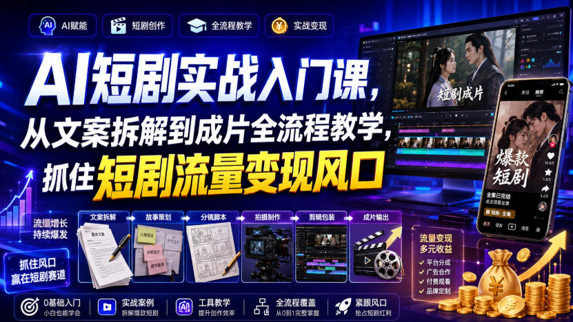 AI短剧实战入门课,从文案拆解到成片全流程教学,抓住短剧流量变现风口-韬哥副业项目资源网