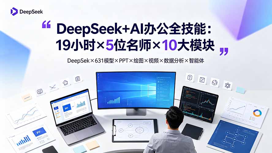 DeepSeek+AI办公全技能:19小时×5位名师×10大模块,DeepSeek×631模型×PPT×绘图×视频×数据分析×智能体-韬哥副业项目资源网