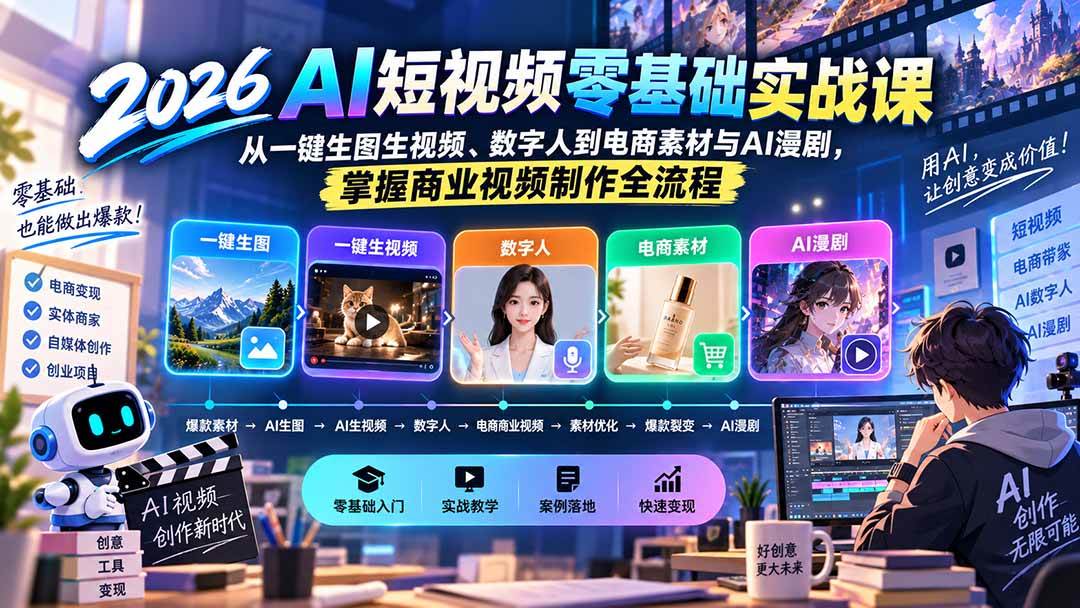 （20263期）2026AI短视频零基础实战课：从一键生图生视频、数字人到电商素材与AI漫剧，掌握商业视频制作全流程-韬哥副业项目资源网
