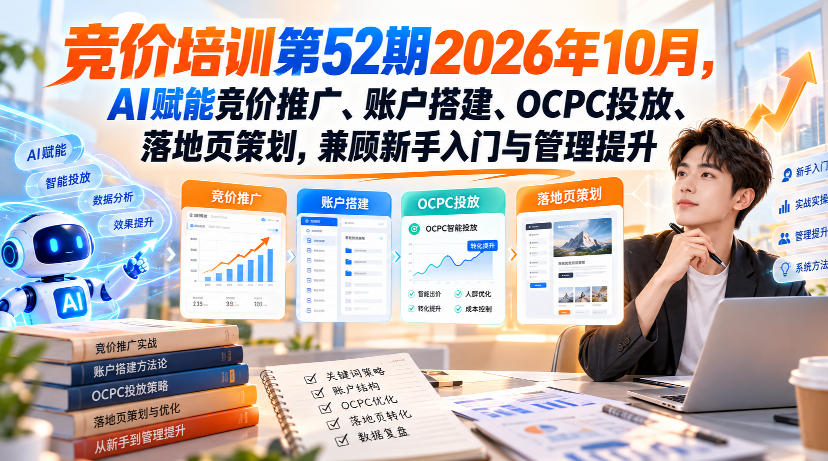 【无水印】竞价培训第52期2026年10月,AI赋能竞价推广、账户搭建、OCPC投放、落地页策划,兼顾新手入门与管理提升-韬哥副业项目资源网