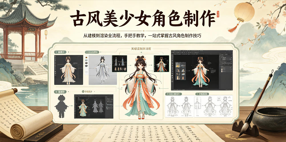 古风美少女角色制作，从建模到渲染全流程，手把手教学，一站式掌握古风角色制作技巧-韬哥副业项目资源网