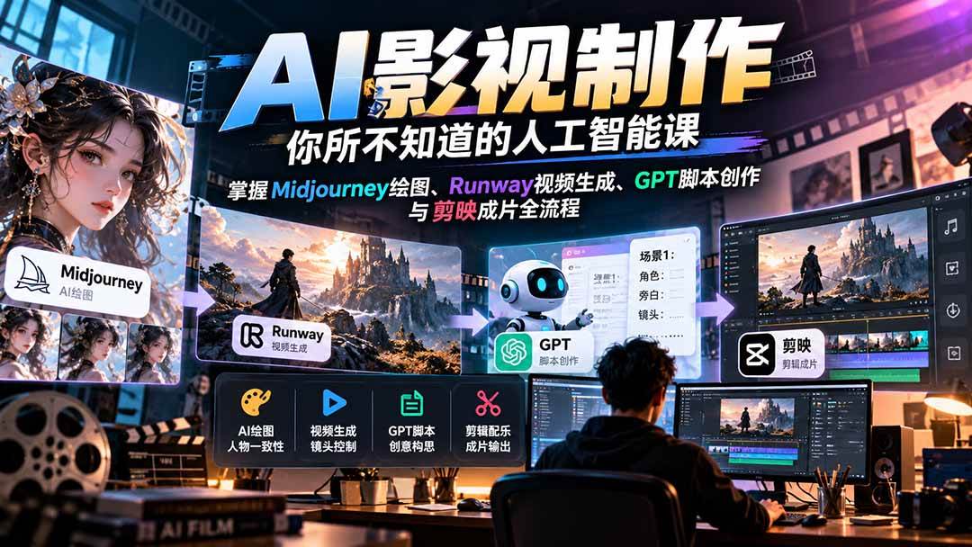 （20681期）AI影视制作-你所不知道的人工智能课，掌握Midjourney绘图、Runway视频生成、GPT脚本创作与剪映成片全流程-韬哥副业项目资源网