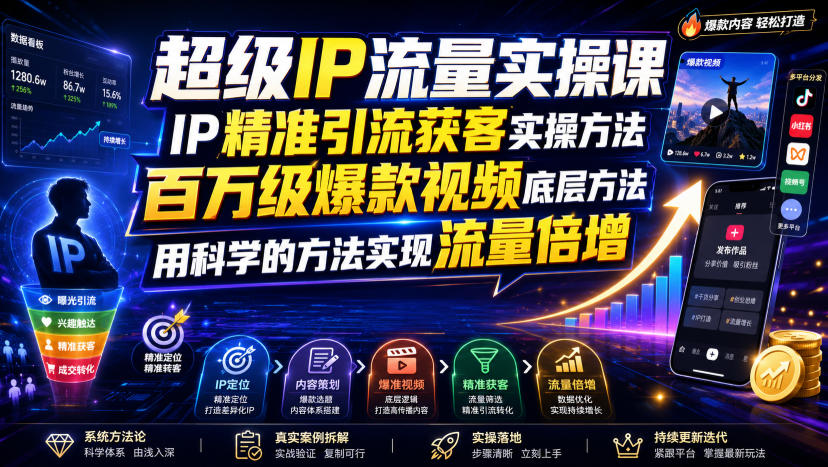 超级IP流量实操课，IP精准引流获客实操方法，百万级爆款视频底层方法，用科学的方法实现流量倍增-韬哥副业项目资源网