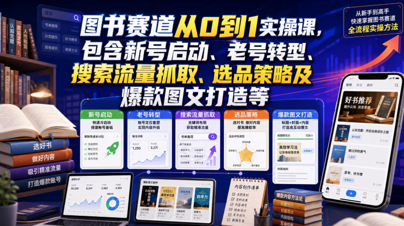 图书赛道从0到1实操课，包含新号启动、老号转型、搜索流量抓取、选品策略及爆款图文打造等-韬哥副业项目资源网