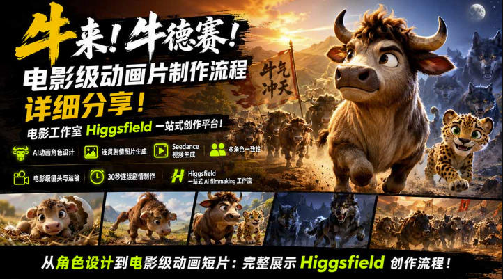 牛来！牛德赛！电影级动画片制作流程详细分享！电影工作室Higgsfield一站式创作平台，完整创作流程-韬哥副业项目资源网