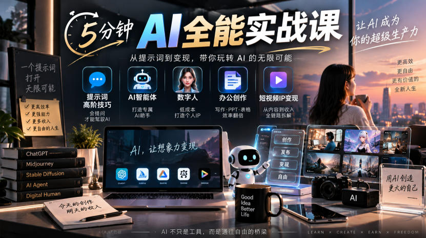 5分钟AI全能实战课｜提示词高阶技巧+AI智能体+数字人+办公创作+短视频IP变现全教程-韬哥副业项目资源网