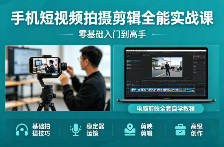 手机短视频拍摄剪辑全能实战课:零基础入门到高手,稳定器运镜+电脑剪映全套自学教程-韬哥副业项目资源网
