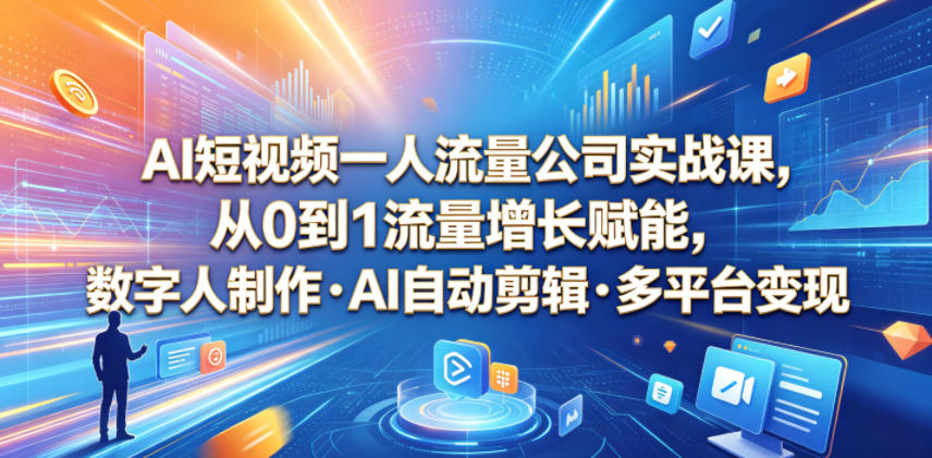 AI短视频一人流量公司实战课，从0到1流量增长赋能，数字人制作・AI自动剪辑・多平台变现，一人做流量生意全落地教程-韬哥副业项目资源网