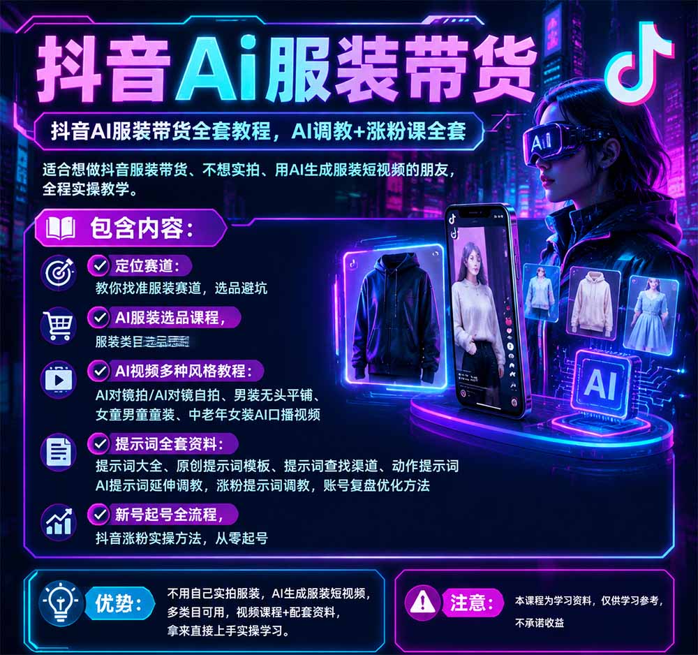 抖音AI服装带货全套教程,不靠真人出镜,利用AI批量制作服装带货短视频,打通选品、AI提示词调教、起号涨粉全流程-韬哥副业项目资源网