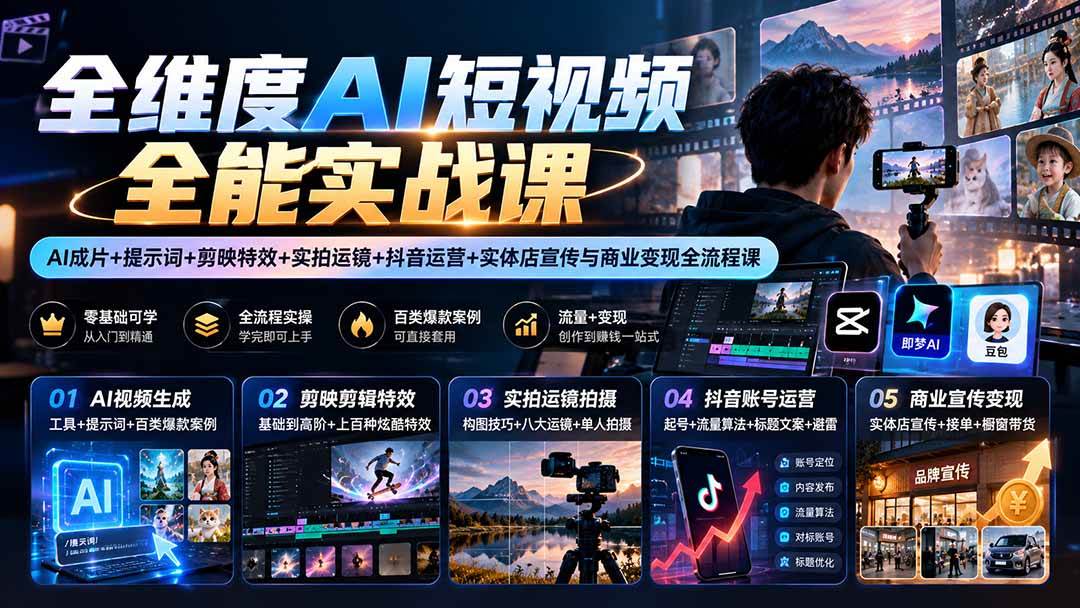 (20768期)【无水印】全维度AI短视频全能实战课:AI成片+提示词+剪映特效+实拍运镜+抖音运营+实体店宣传与商业变现全流程课-韬哥副业项目资源网