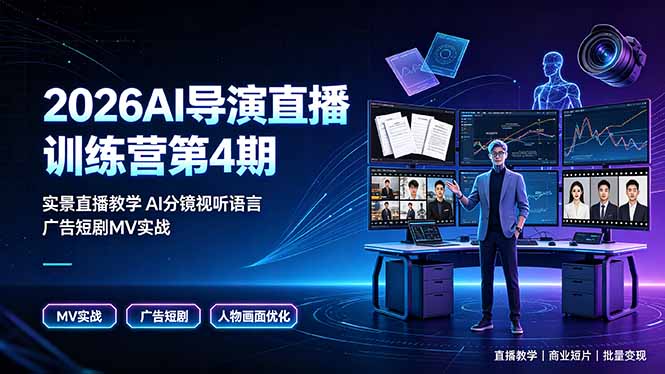 2026AI导演直播训练营第4期,实景直播教学AI分镜视听语言,广告短剧MV实战,解决人物画面崩坏痛点-韬哥副业项目资源网