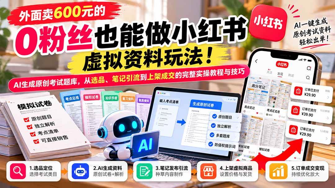 （21181期）外面卖600元的 零粉丝也能做小红书虚拟资料玩法！AI生成原创考试题库，从选品、笔记引流到上架成交的完整实操教程-韬哥副业项目资源网