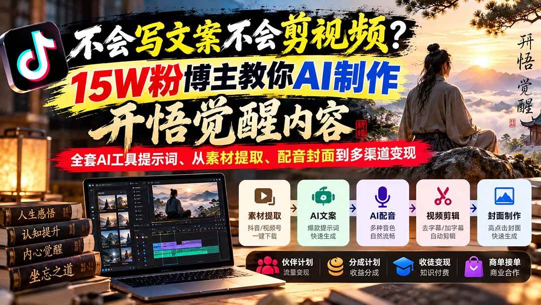 (21085期)不会写文案不会剪视频?15W粉博主教你AI制作开悟觉醒内容,全套AI工具提示词、从素材提取、配音封面到多渠道变现-韬哥副业项目资源网