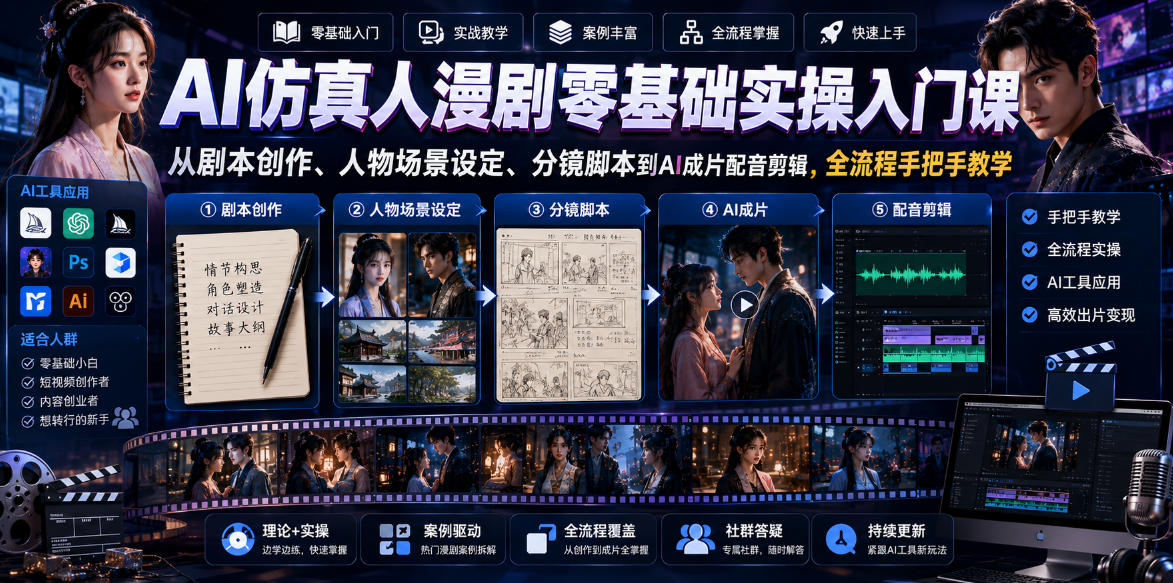 AI仿真人漫剧零基础实操入门课，从剧本创作、人物场景设定、分镜脚本到AI成片配音剪辑，全流程手把手教学-韬哥副业项目资源网
