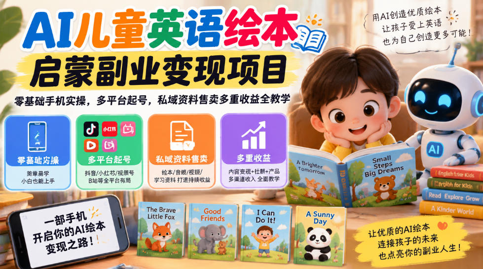 AI儿童英语绘本启蒙副业变现项目,零基础手机实操,多平台起号,私域资料售卖多重收益全教学-韬哥副业项目资源网