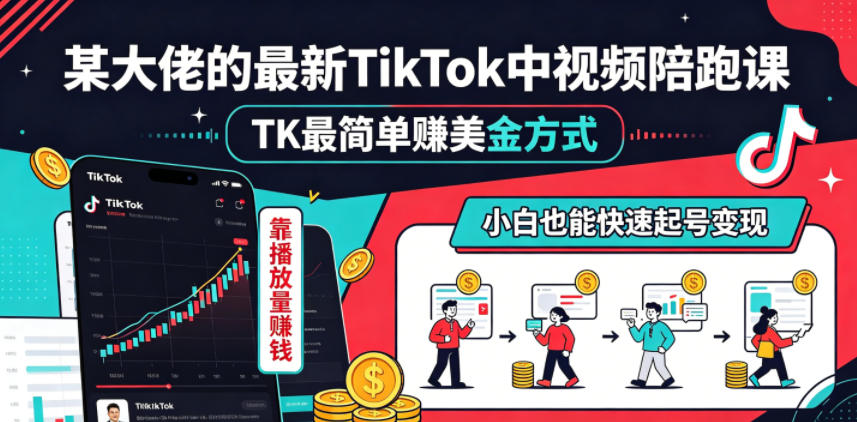 某大佬的最新TikTok中视频陪跑课，TK最简单賺美金方式，靠播放量賺钱，小白也能快速起号变现-韬哥副业项目资源网