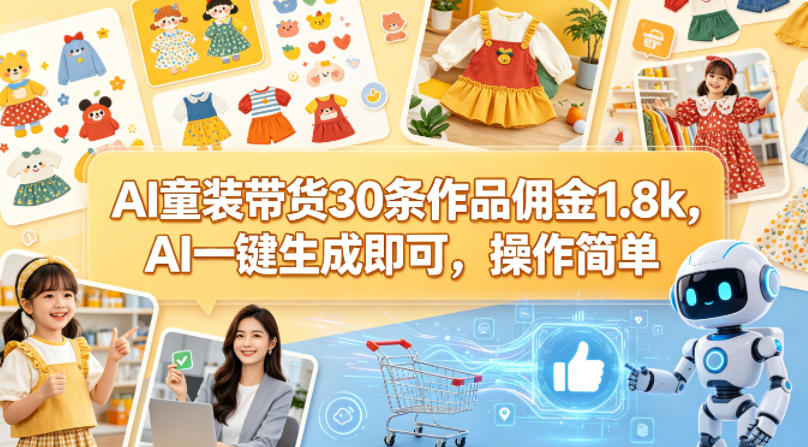 AI童装带货30条作品佣金1.8k,AI一键生成即可,操作简单-韬哥副业项目资源网