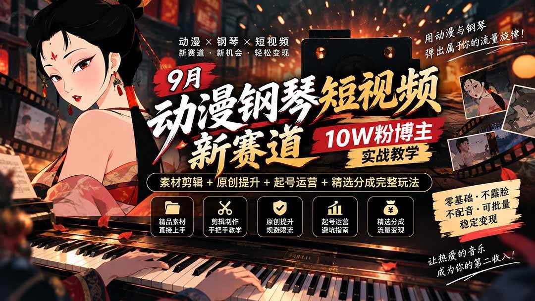 (20506期)9月动漫钢琴短视频新赛道|10W粉博主实战教学,素材剪辑+原创提升+起号运营+精选分成完整玩法-韬哥副业项目资源网