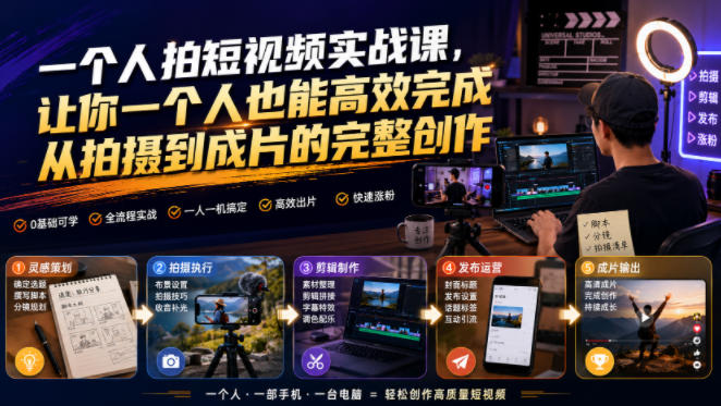 一个人拍短视频实战课，让你一个人也能高效完成从拍摄到成片的完整创作-韬哥副业项目资源网