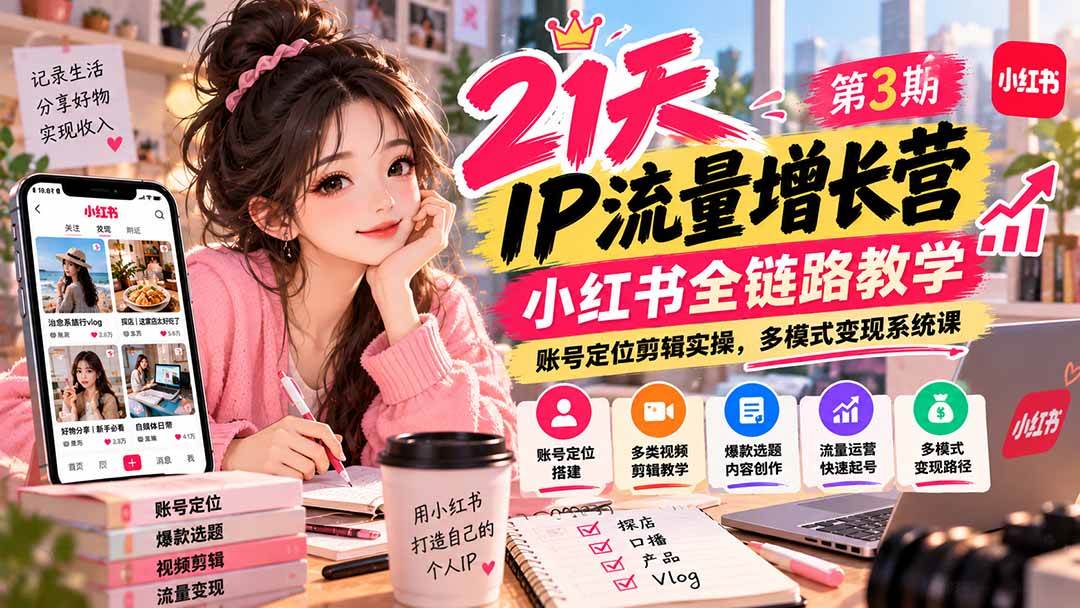 (20992期)【无水印】21天IP流量增长营-第3期,小红书全链路教学,账号定位剪辑实操,多模式变现系统课-韬哥副业项目资源网