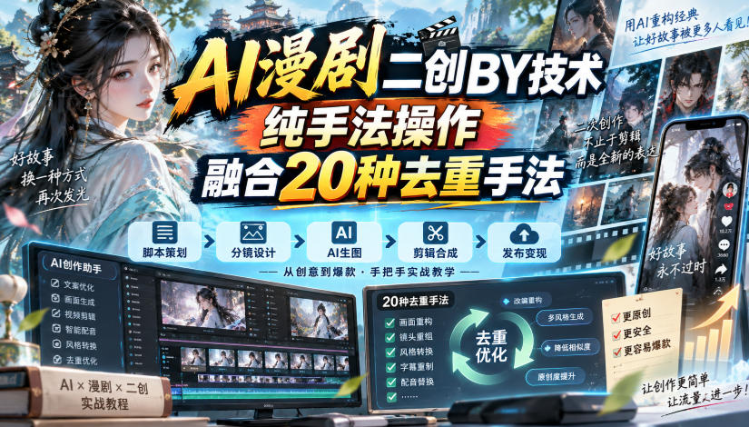 AI漫剧二创搬运技术,纯手法操作,融合20种去重手法-韬哥副业项目资源网