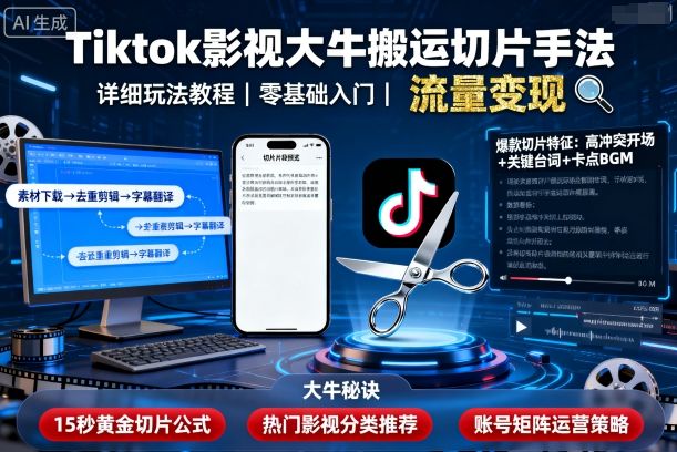Tiktok影视大牛搬运切片手法，详细玩法教程-韬哥副业项目资源网