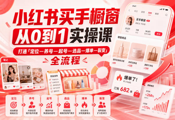 小红书买手橱窗从0到1实操课，打通「定位—养号—起号—选品—爆单—裂变」全流程-韬哥副业项目资源网