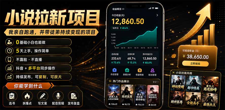 抖音及多平台小说拉新项目:我亲自跑通并持续带徒弟实操|0基础小白5天上手快速变现-韬哥副业项目资源网