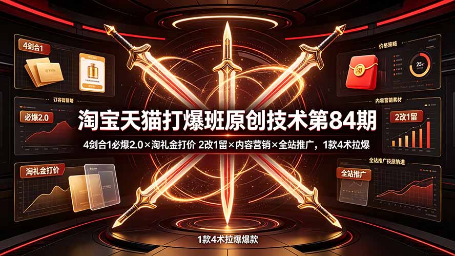淘宝天猫打爆班原创技术第84期:4剑合1必爆2.0×淘礼金打价×2改1留×内容营销×全站推广,1款4术拉爆-韬哥副业项目资源网