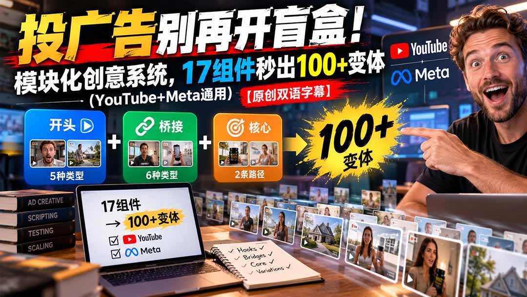 （20840期）投广告别再开盲盒！模块化创意系统，17组件秒出100+变体（YouTube+Meta通用）【原创双语字幕】-韬哥副业项目资源网