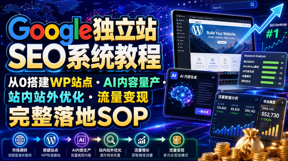Google独立站SEO系统教程，从0搭建WP站点・AI内容量产・站内站外优化・流量变现完整落地SOP(2026年7月)-韬哥副业项目资源网