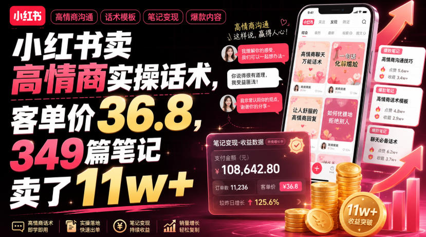 小红书卖高情商实操话术，客单价36.8，349篇笔记卖了11w+！-韬哥副业项目资源网