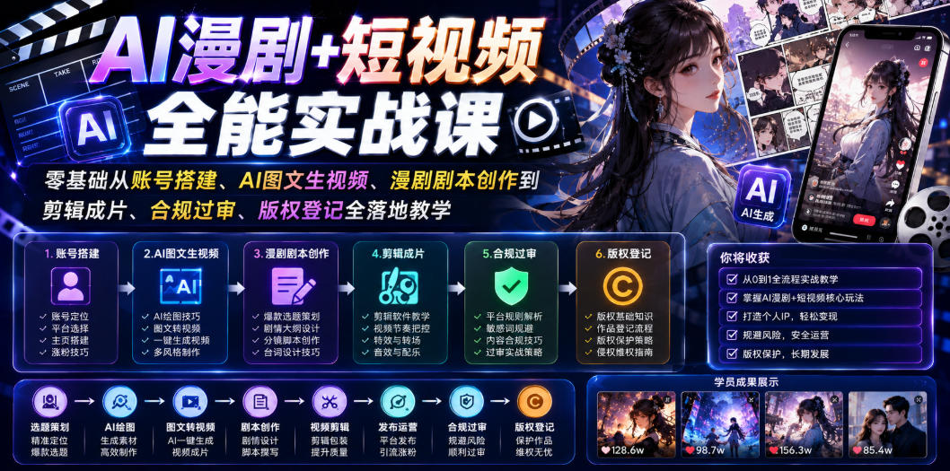 AI漫剧+短视频全能实战课｜零基础从账号搭建、AI图文生视频、漫剧剧本创作到剪辑成片、合规过审、版权登记全落地教学-韬哥副业项目资源网