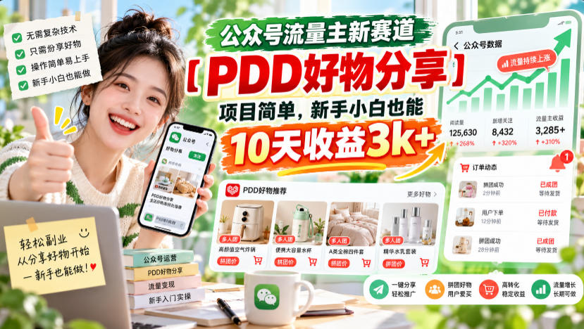 公众号流量主新赛道【PDD好物分享】,项目简单,新手小白也能10天收益3k+-韬哥副业项目资源网