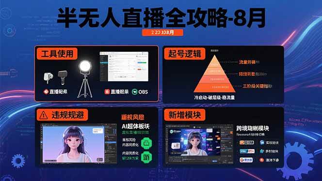 （15669期）半无人直播全攻略-8月：工具使用+起号逻辑+违规规避,新增AI超体与跨境模块-韬哥副业项目资源网