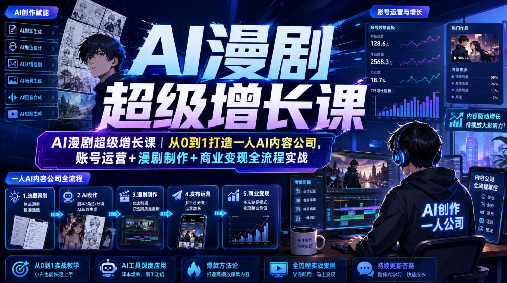 AI漫剧超级增长课｜从0到1打造一人AI内容公司，账号运营+漫剧制作+商业变现全流程实战-韬哥副业项目资源网