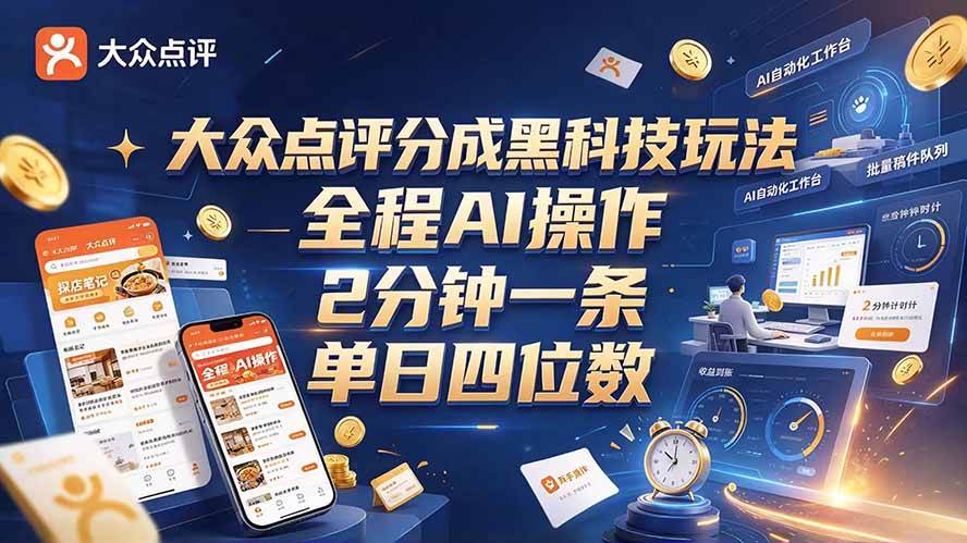 （21013期）大众点评分成全网独家玩法，AI 全自动出内容，2 分钟一条，小白可冲单日四位数-韬哥副业项目资源网