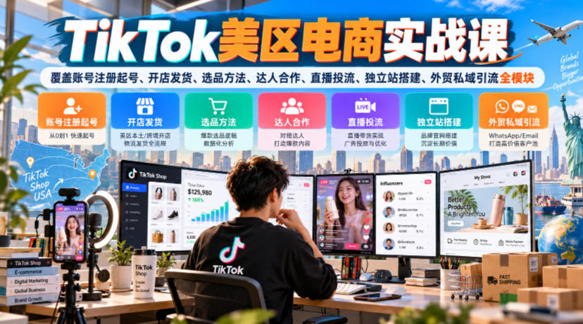 TikTok美区电商实战课,覆盖账号注册起号、开店发货、选品方法、达人合作、直播投流、独立站搭建、外贸私域引流全模块-韬哥副业项目资源网