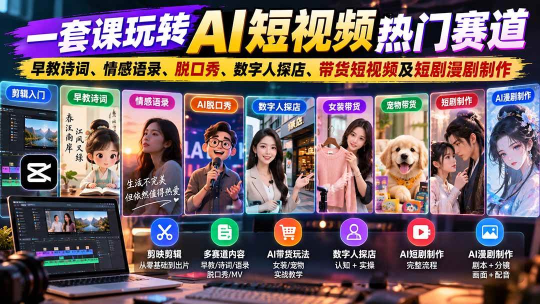 (20964期)一套课玩转AI短视频热门赛道:早教诗词、情感语录、脱口秀、数字人探店、带货短视频及短剧漫剧制作 复制标题-韬哥副业项目资源网