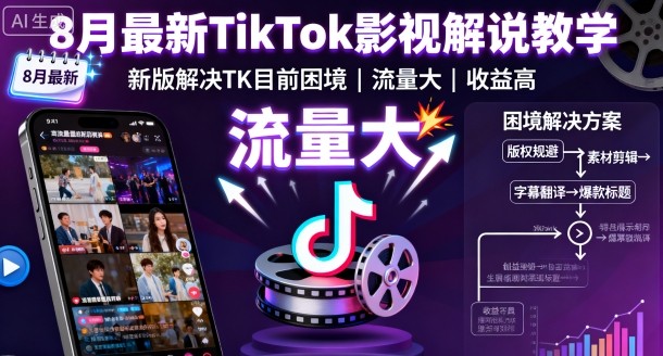 8月最新TikTok影视解说教学，新版解决TK目前困境，流量大，收益高-韬哥副业项目资源网
