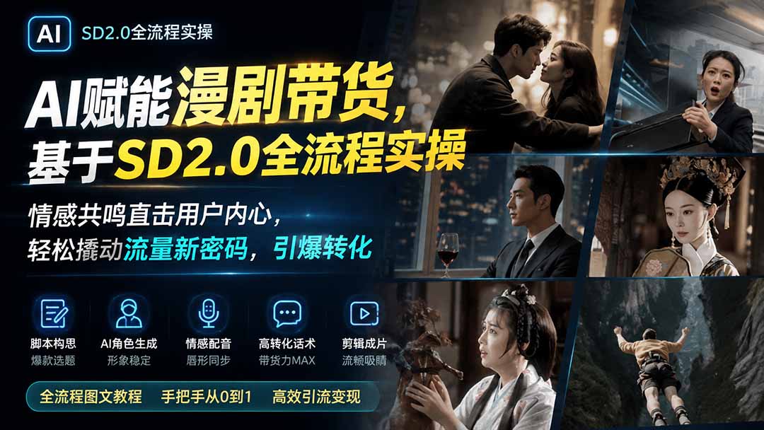 AI赋能漫剧带货，基于SD2.0全流程实操；情感共鸣直击用户内心，轻松撬动流量新密码，引爆转化-韬哥副业项目资源网