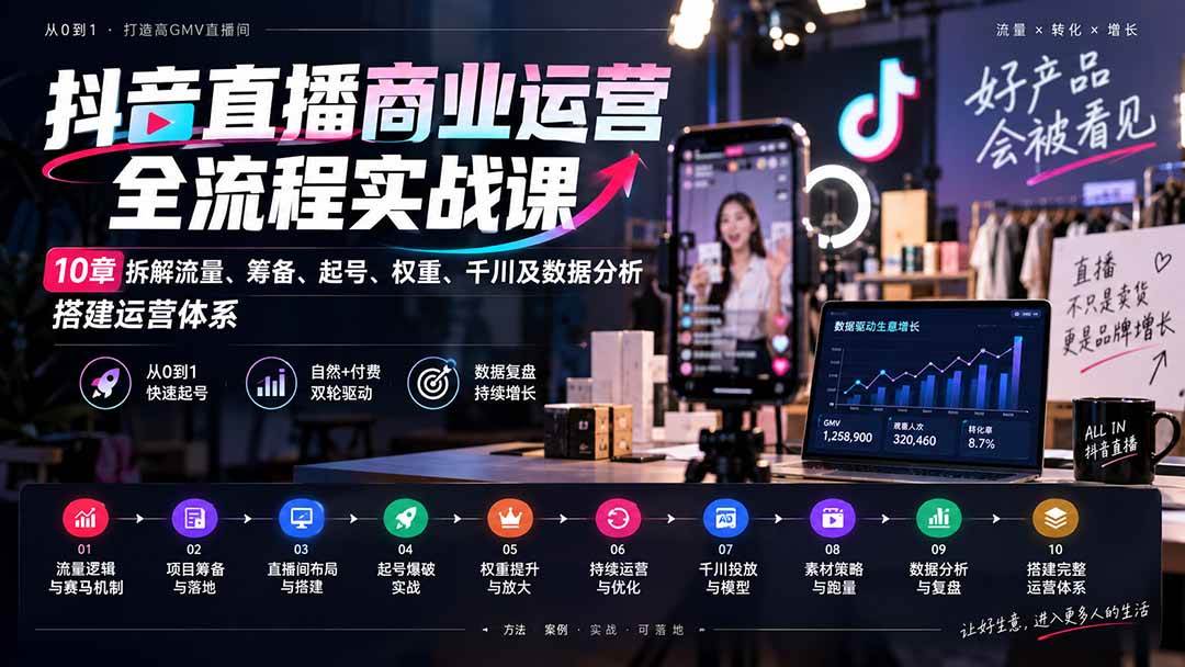 (20407期)抖音直播商业运营全流程实战课:10章拆解流量、筹备、起号、权重、千川及数据分析,搭建运营体系 (20407期)抖音直播商业运营全流程实战课:10章拆解流量、筹备、起号、权重、千川及数据分析,搭建运营体系