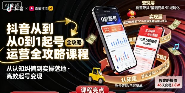 抖音从0到1起号运营全攻略课程，从认知纠偏到实操落地，高效起号变现-韬哥副业项目资源网