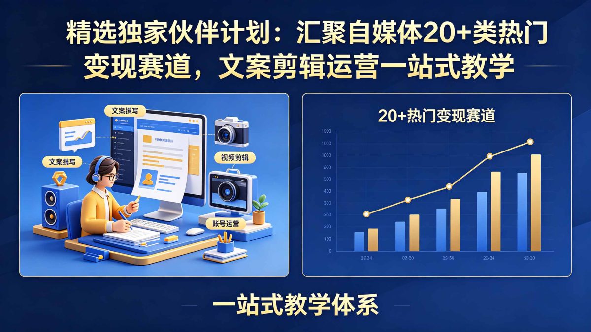 精选独家伙伴计划：汇聚自媒体20+类热门变现赛道，文案剪辑运营一站式教学-韬哥副业项目资源网
